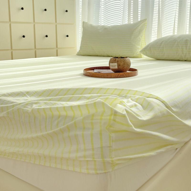 Japanese Style Washed Cotton Striped Bed Sheet Three Piece Set, Full Coverage, Non Slip Single Piece, Simmons Mattress, Dust