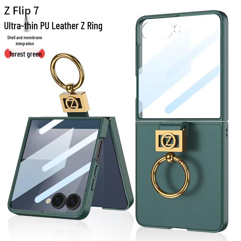 Samsung Z Flip7 Ultra-Thin PU Leather Folding Case with Ring Buckle