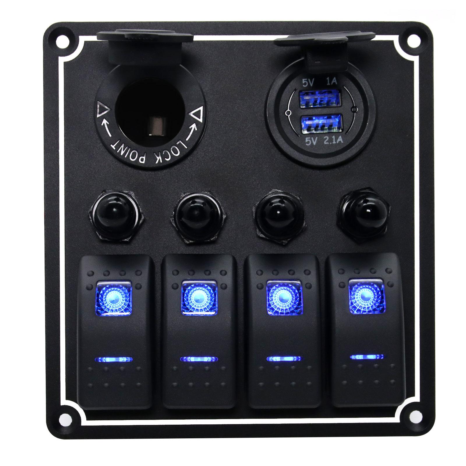 

Металлическая водонепроницаемая панель с кулисным переключателем, двойными USB-портами, защитой цепи, автоматическим выключателем, синей светодиодной подсветкой для автомобиля, дома на колесах, морского судна, лодки