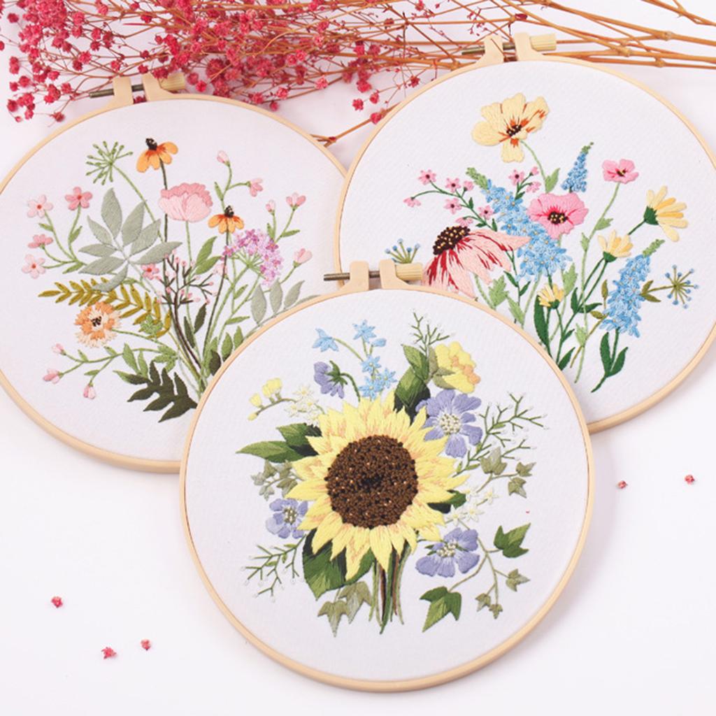 Embroidery Starter Kits with Pattern and Instructions Cross Stitches Set Flower Plant Stamped Embroidery Hoop Needlework