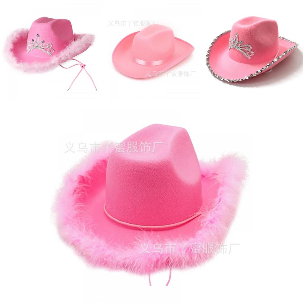 Rosa Stoff-Cowboyhut mit Sternverzierungen und leuchtender Krone für Partykleidung und Geschenke