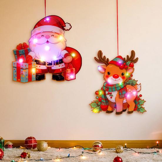 Glowing Santa Door Hanger LED Christmas Decor with Reindeer Snowman DIY Lighted Holiday Hanging Ornaments for Window Mantel Decorations