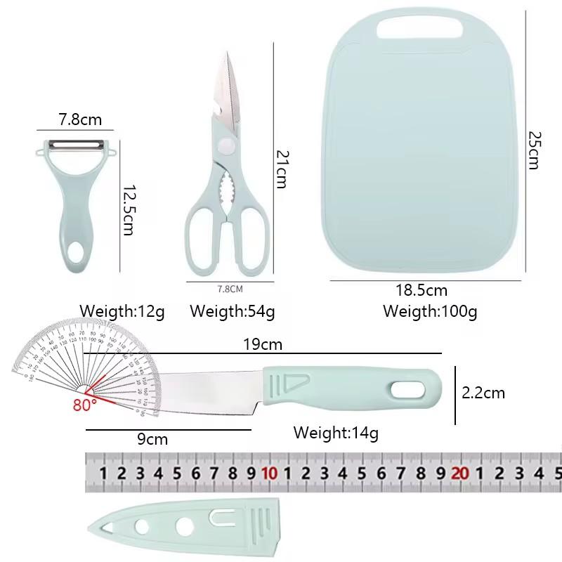 4-teiliges Küchenset, Obstmesser, Schere, Schäler, Schneidebrett, Hackbeil, Ausbeinmesser, Schälmesser, Grill, Küchenhelfer