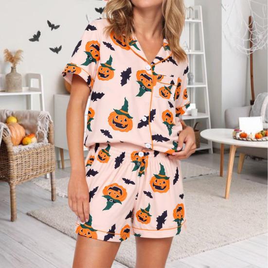 Damen Halloween Pyjama Set Knopfleiste 2-teiliges Pjs Shorts Set Kürbisdruck Kurzarm Nachtwäsche Sets