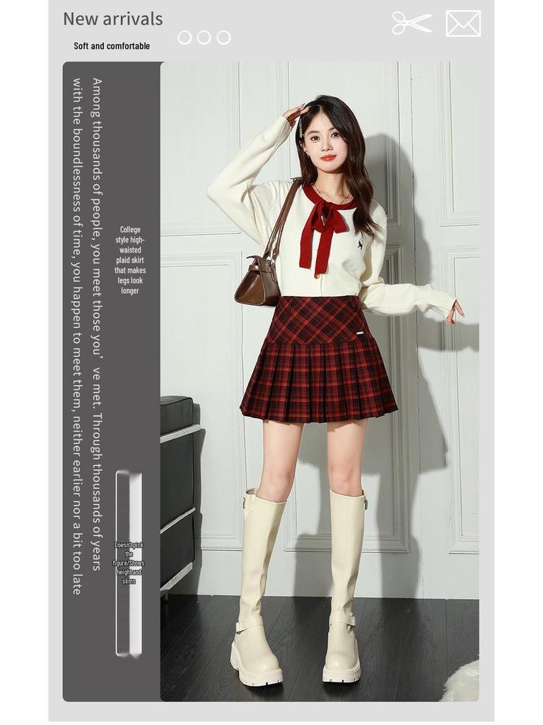2025 College-Style Retro Pleated Wool Blend High-Waisted Midi Skirt - Slim and Visually Elongating