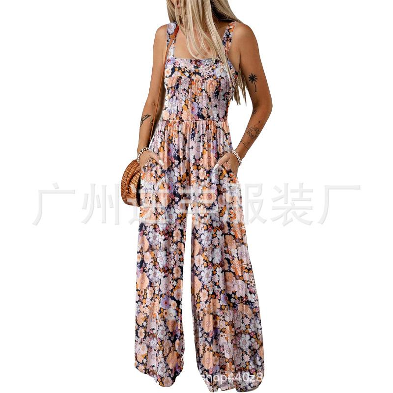 TikTok Amazon explosion European and American cross-border foreign trade women s clothing new bohemian suspender printed jumpsuit XS