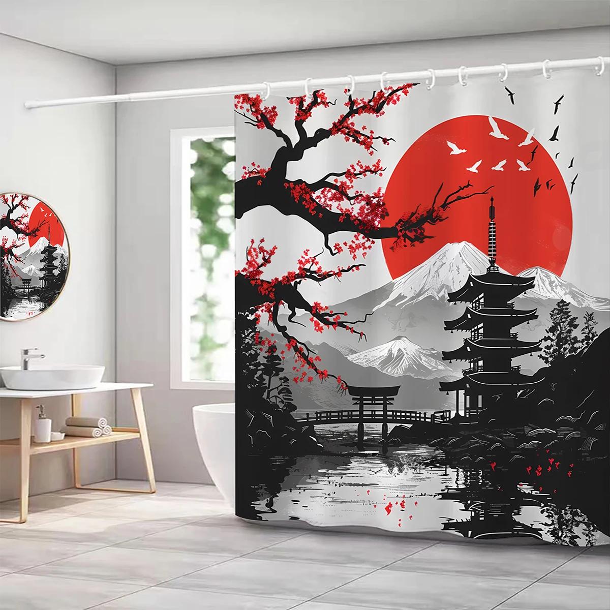 

1 pc Japanese landscape pattern polyester material shower curtain waterproof fabric, thickened anti mold partition curtain f W90XH180cm