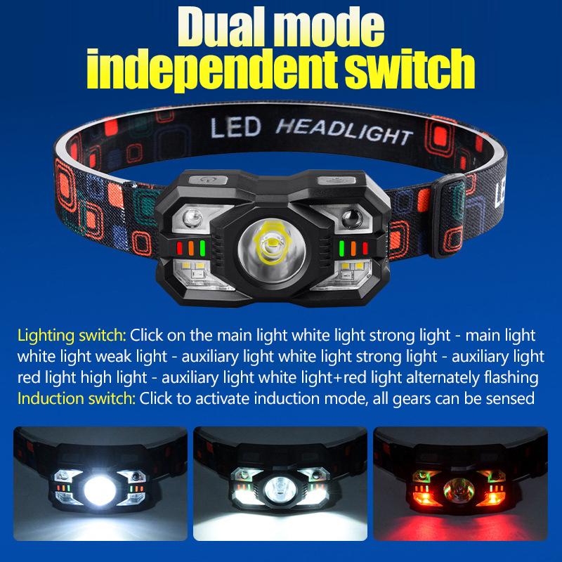 Led Rechargeable Headlamp Motion Sensor Waterproof Head Flashlights Torch For Outdoor Camping Fishing Head Lamp Search Light