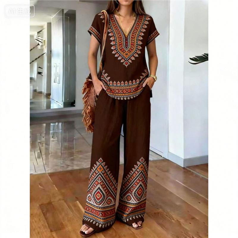 Malaysia Bohemian Print Two-piece Fashion V-neck Short-sleeved Suit Top