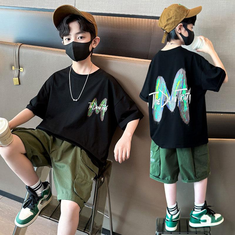 

Летний комплект одежды для мальчика, подростковые повседневные футболки с буквенным принтом и шорты, комплект из 2 предметов, детский комплект с коротким рукавом, верх и низ, модные наряды 140