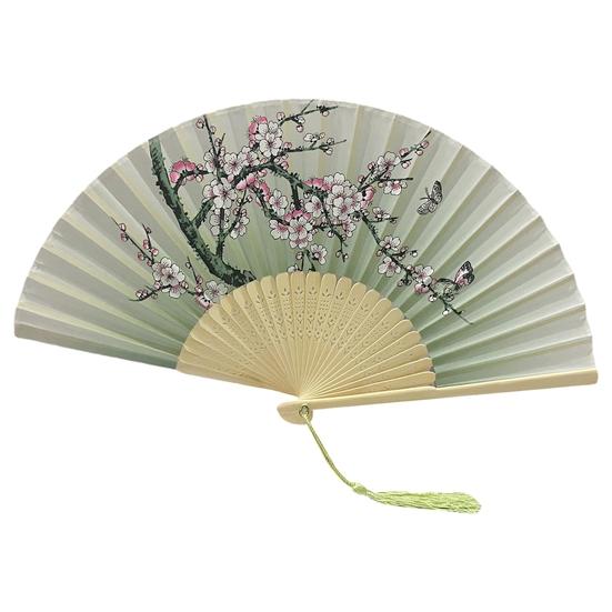 Vikbar fläkt med tofsstil kinesisk bambu Handmålad blombladstryck Dansföreställning Fotorekvisita