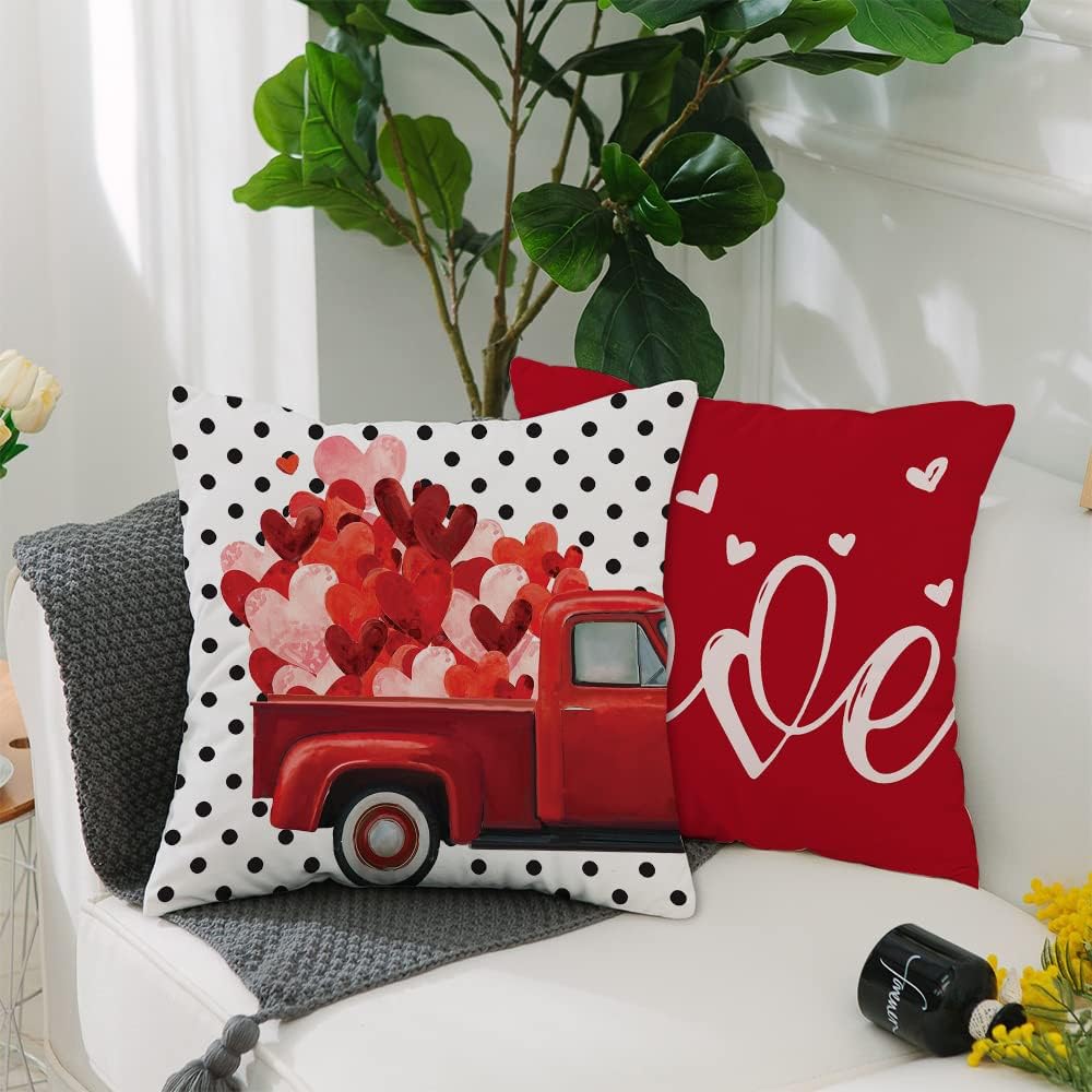 GEEORY Valentines Day Pillow Covers 18x18 Set of 4 Valentines Day Decor Polka Dot Red Love Heart Truck Hello Valentine Pillows Decorative Throw