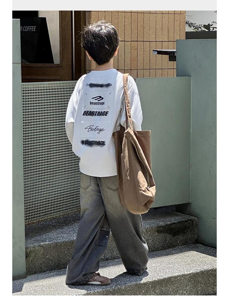 Autumn 2025 Boys' Loose Korean Style Retro Distressed Straight-Leg Jeans