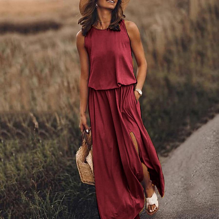 Summer New Women's Imported Dresses Round Neck Sleeveless A-Line Skirt High-Waisted Casual Work Commute Maxi Dress