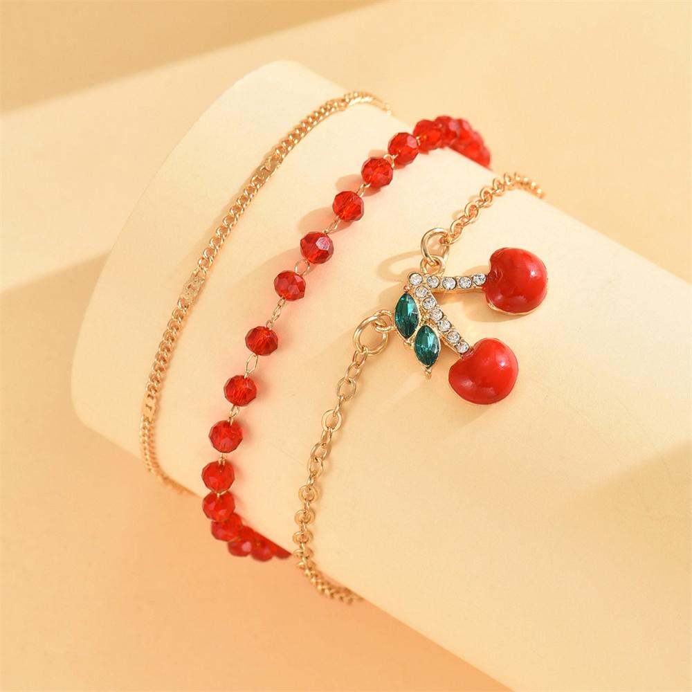 Süßer Kirschanhänger Rote Reiskorn-Fußkettchen für Damen Charm Goldfarbene Fußkette Knöchelarmband Strandschmuck Sommer Accessoires