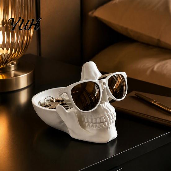 Entryway Key Tray 3D Printed Skull Desk Organizer Tray, Novelty Eyeglass Holder with Nose Rest, Spooky Room Decor Creative Coin Jewelry Catchall