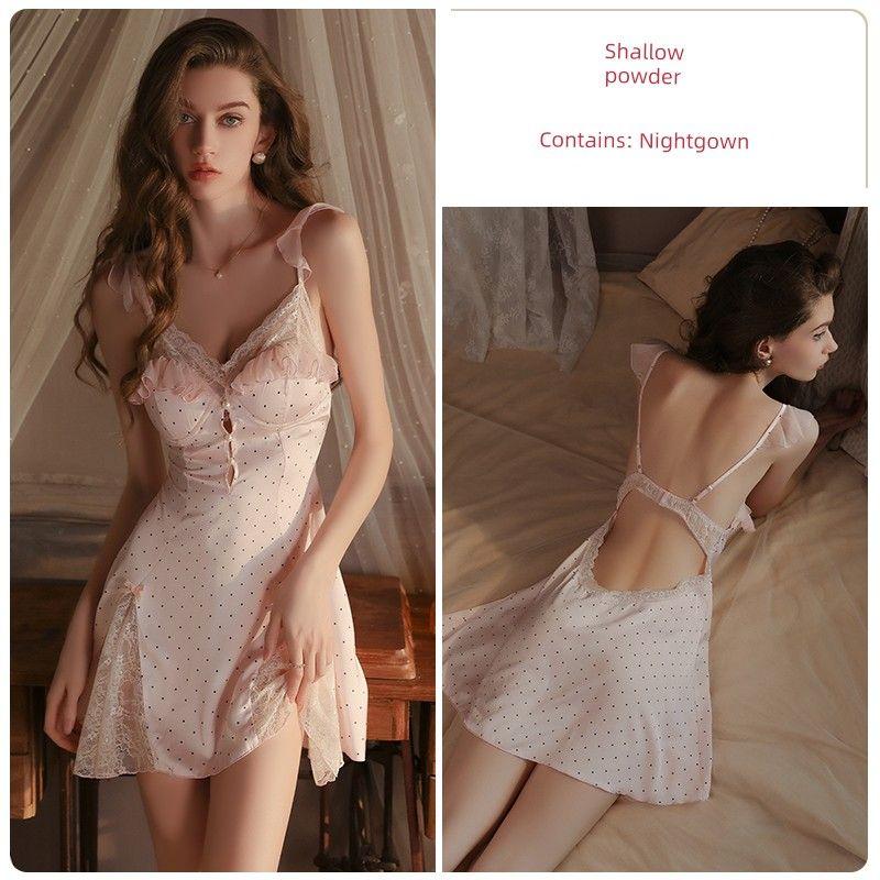 

[Jenny s Mind] Pure Desire Young Adult Pink Small Polka Dot Brace Nightdress Ice Ribbon Chest Pad One-Piece Can Be Outwear Light pink 170(XL)