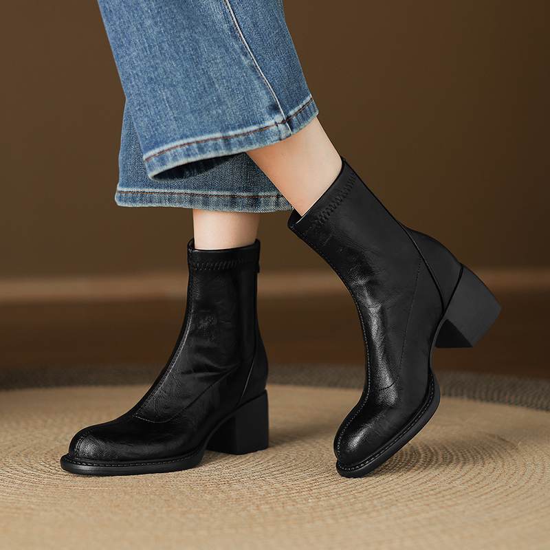 Krazing Po Microfiber Winter Round Toe Size 33 Western Boots Size 43 Zipper Thick High Heels Pleated Decoration Ankle Boots