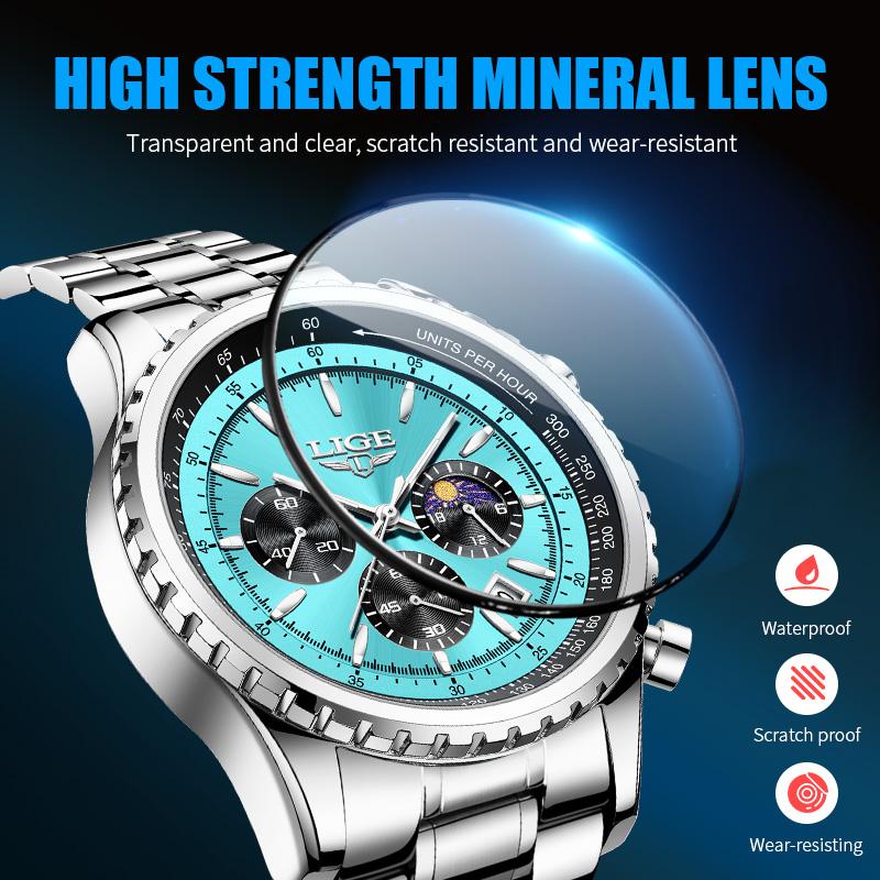 LIGE Business Men's Watch Chronograph Quartz Wristwatch Fashion Moon Phase Calendar Clock Waterproof Luminous Male Watch