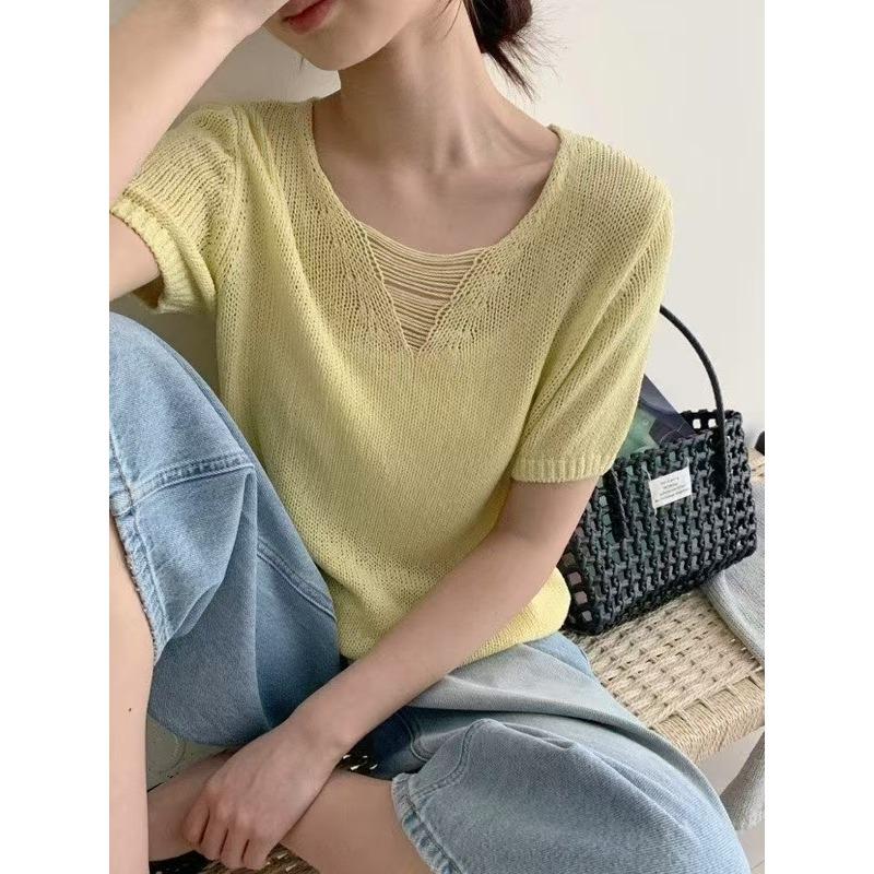 Summer new hollow V-neck short-sleeved knitted sweater loose and thin thin yarn cool T-shirt top