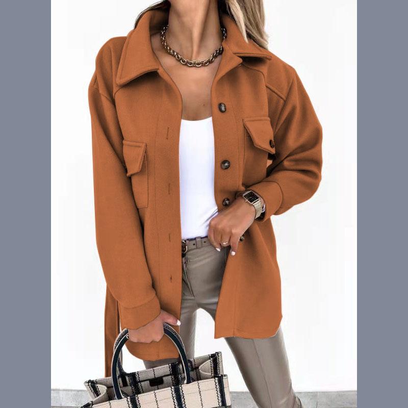 Autumn and Winter Lapel Single Breasted Thickened Solid Color Shirt Women's Woolen Loose Jacket Wool Women's Woolen Jacket