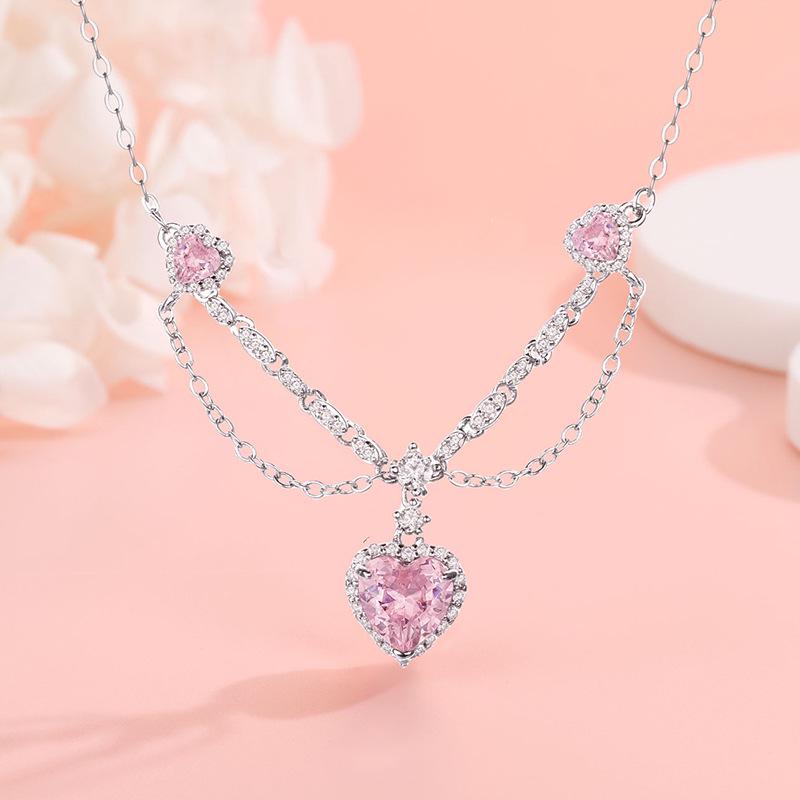 Chao Xiaobai Sterling Silver & Colored Cubic Zirconia Heart Necklace for Women - Elegant & Versatile Clavicle Chain.