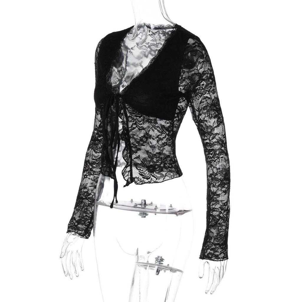 2026 Autumn European & American Women's Sexy Lace V-Neck Lace-Up Cardigan Top