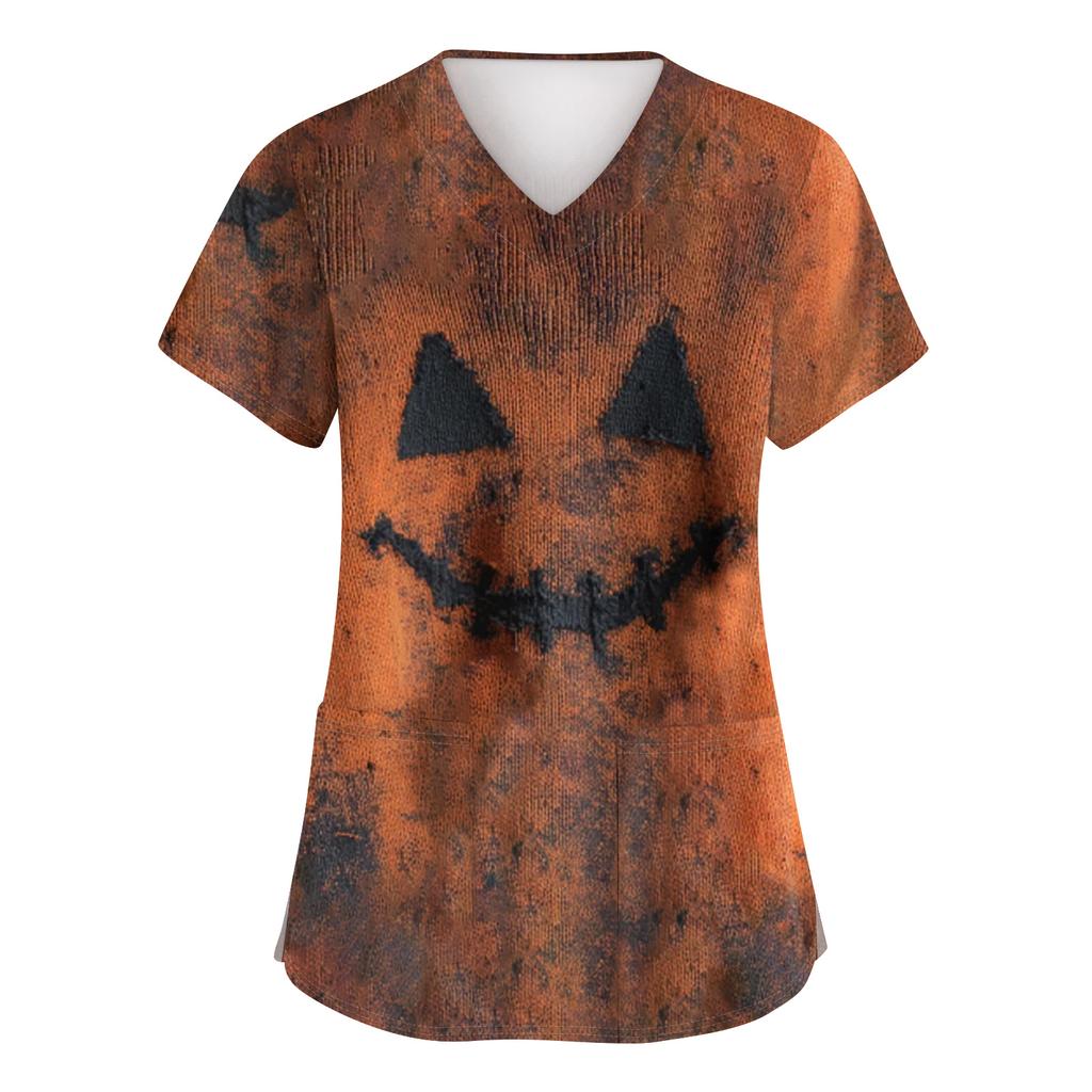 Women's Fashion Short Sleeve Halloween Print V-Neck Pocket Workwear Tops