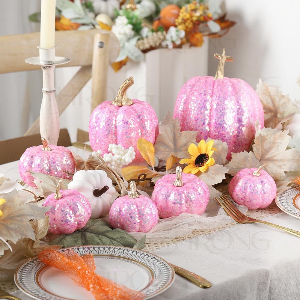 7PCS Gold Glitter Pumpkin Decor Set  Glittered Plastic Pumpkin Decor Set - Perfect For Fall, Halloween Festive Party Decorations