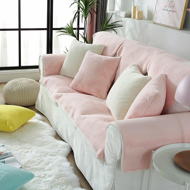 Winter Thicken Thermal Rabbit Plush Sofa Cushion Non-Slip Solid Cover for Home Decor 100*100
