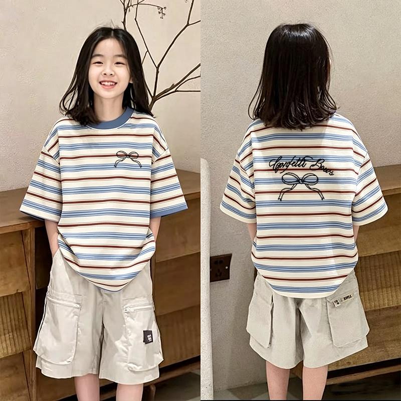 Girls' Korean Style Color Block Stripe Short Sleeve T-shirt