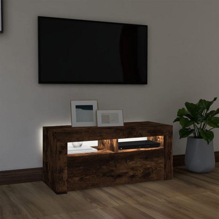 VidaXL Meuble TV avec lumières LED Chêne fumé 90x35x40 cm, support TV, armoire média, armoire hifi, unité TV, unité média, 822721