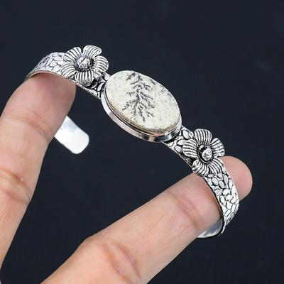 Ovaler Psilomelan Dendrit Edelstein Neues Blumen Armreif Schmuck 925 Sterlingsilber