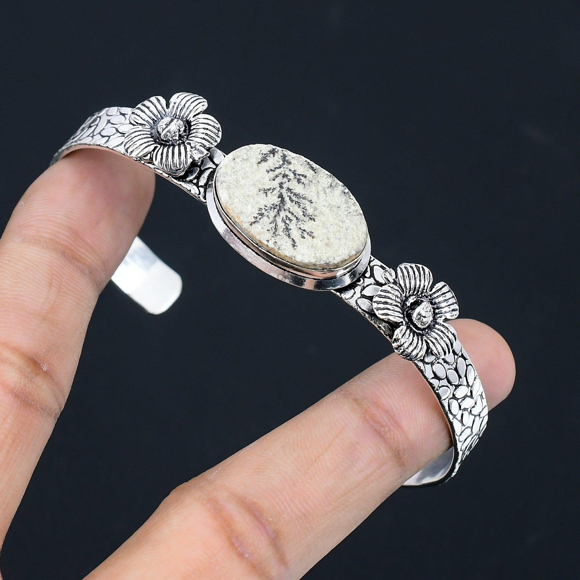 

Oval Psilomelane Dendrite Gemstone New Flower Bangle Jewelry 925 Sterling Silver Adjustable