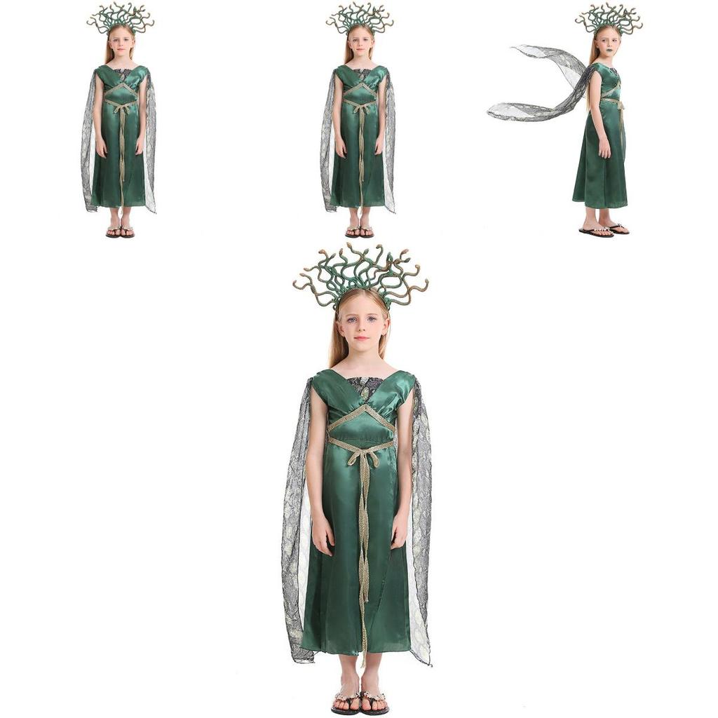 Fantasia de Halloween Encantadora de Medusa para Meninas com Saia Verde e Adereço de Cabeça