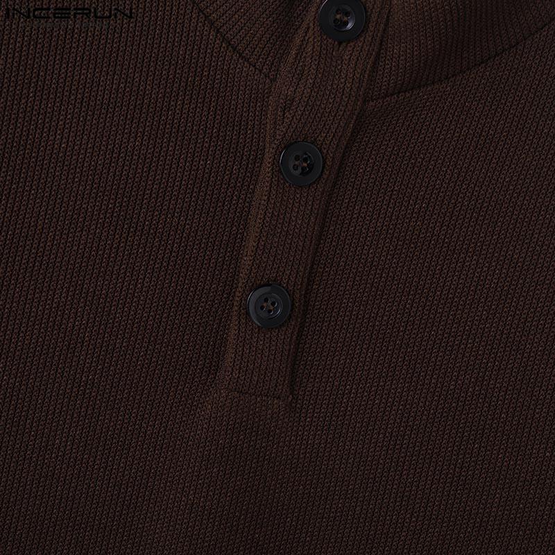 INCERUN Men Buttons Mockneck Long Sleeve Rib Knitted Pullovers Tops