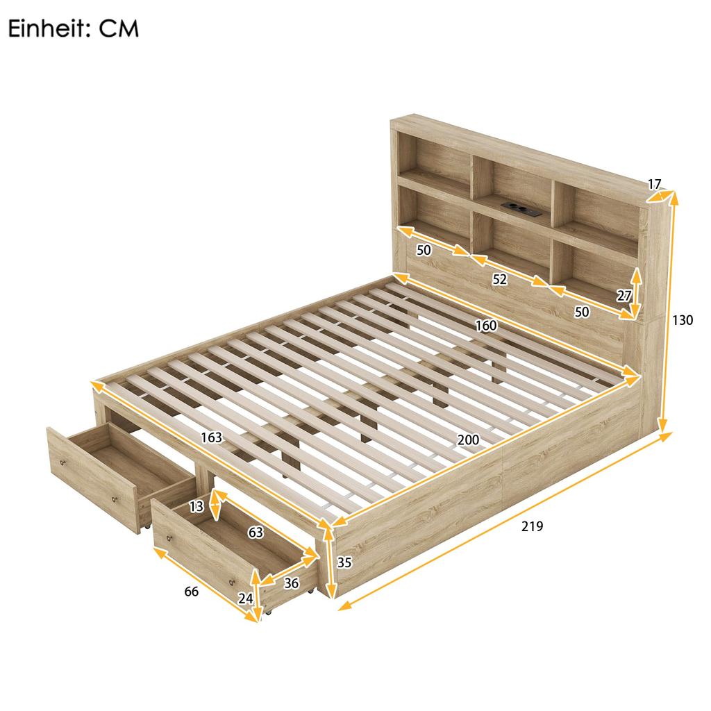 Doppelbett Holzbett 160x200cm, Stauraumbett mit 2 Schubladen und Ablagefach, Funktionsbett mit Lattenrost, Ohne Matratze