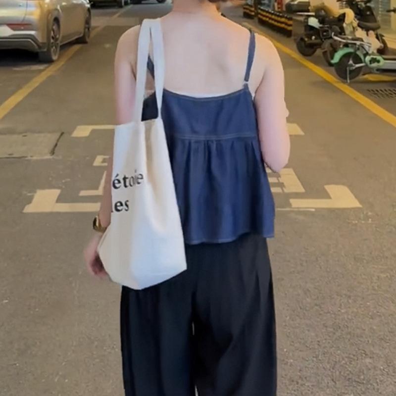Elegance Casual Stylish Vest Outer Wear Summer Simple Temperament V-neck Loose Design Pleated Ruffled Sleeveless Undershirt Denim Suspenders Female