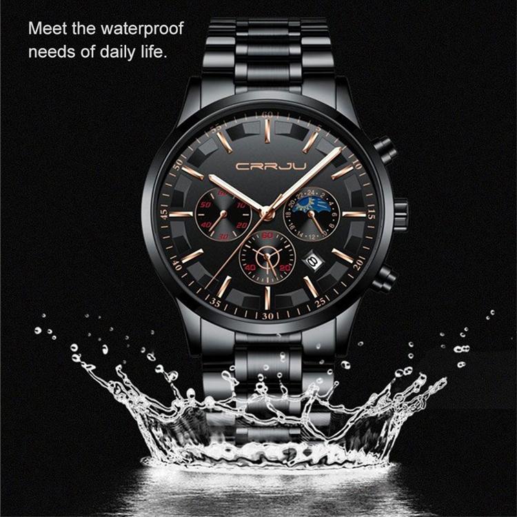 CRRJU Nové pánské sportovní hodinky s ocelovým páskem Móda Business Šestipinový multifunkční chronograf
