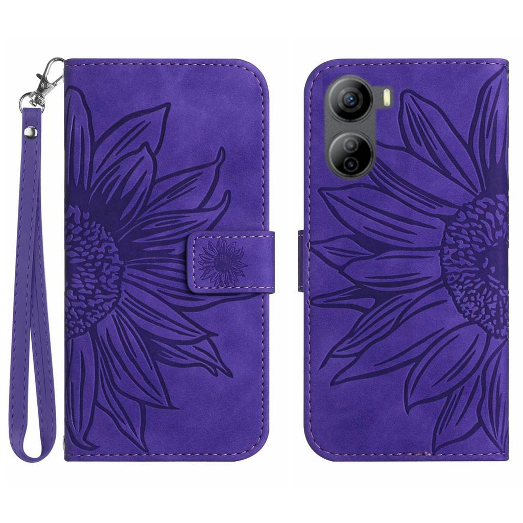 HT04 For ZTE Libero 5G IV Sunflower Series Phone Case Leather Wallet Cover with Hand Strap