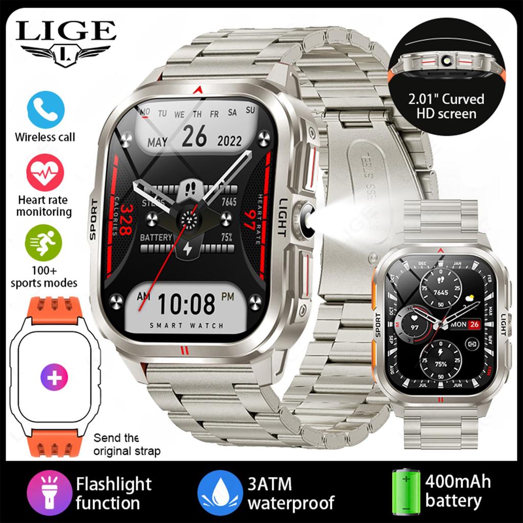 LIGE New Smart Watch 2.01-inch Curved Screen Bluetooth Call Outdoor Sports Waterproof Men's Smart Watch