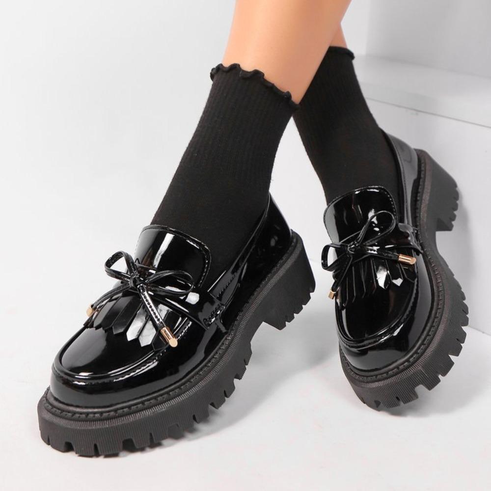 Summer Black Vintage Platform Flats Shoes Women Easy To Put On Butterfly Knot Med Heels Loafers Daily Shoes