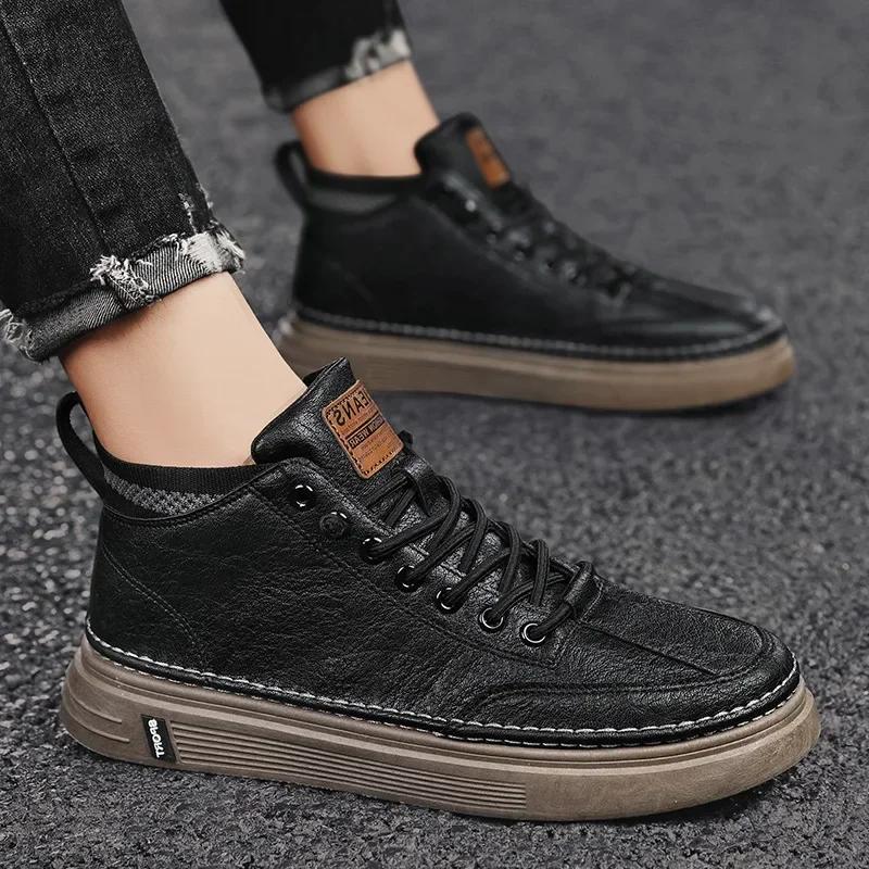 Trend Men's Casual Leather Shoes   for Men High-top Black Casual Male Sneakers Platform Ankle Boots Tênis Masculino 2025