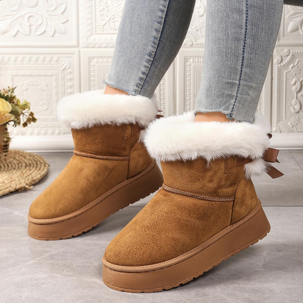 Fashion 2025 New Women Boots Casual All-match Thick Soled Mid-tube Snow Boots Bow Plus Cotton Boots Fashion Retro Outdoor Women Shoes