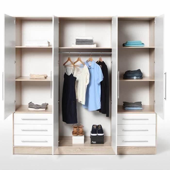 Armoire 4 portes battantes + 6 tiroirs - Chêne et blanc - L 206 x P 60 x H 200 cm - JUPITER