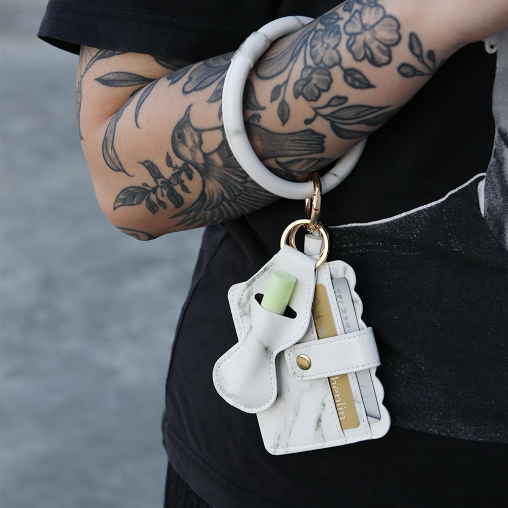 PU Leather Tassel Keychain Bracelet with Lip Balm Holder and Card Slot for Women
