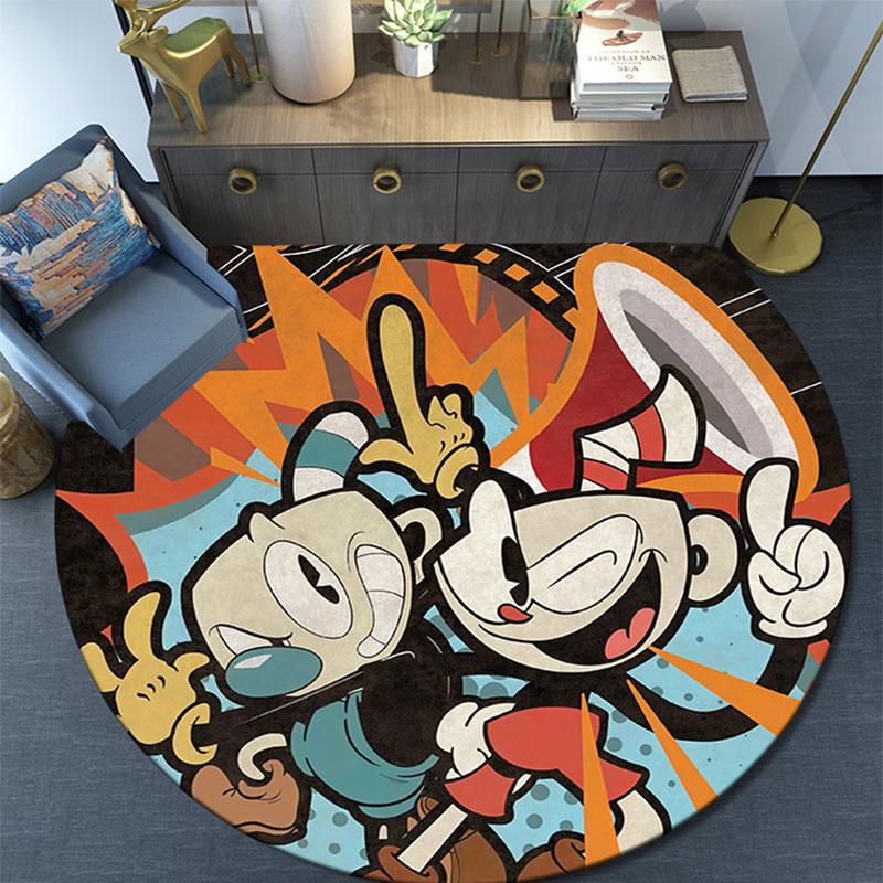 Cuphead & Mugman, Tappeto Rotondo, Tappeto per Soggiorno Camera da Letto Divano Sala Giochi Decorazione, Tappetino Antiscivolo