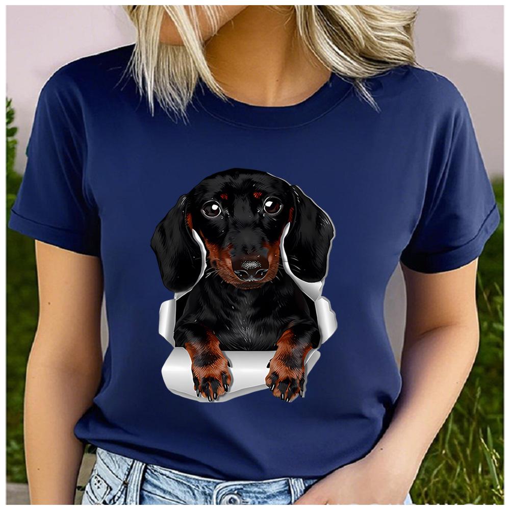 Cotton  Cute Dachshund Break Through Paper Graphic T Shirt Women Casual Pet Dog Print Short Sleeve Tee Gift For Dachshund