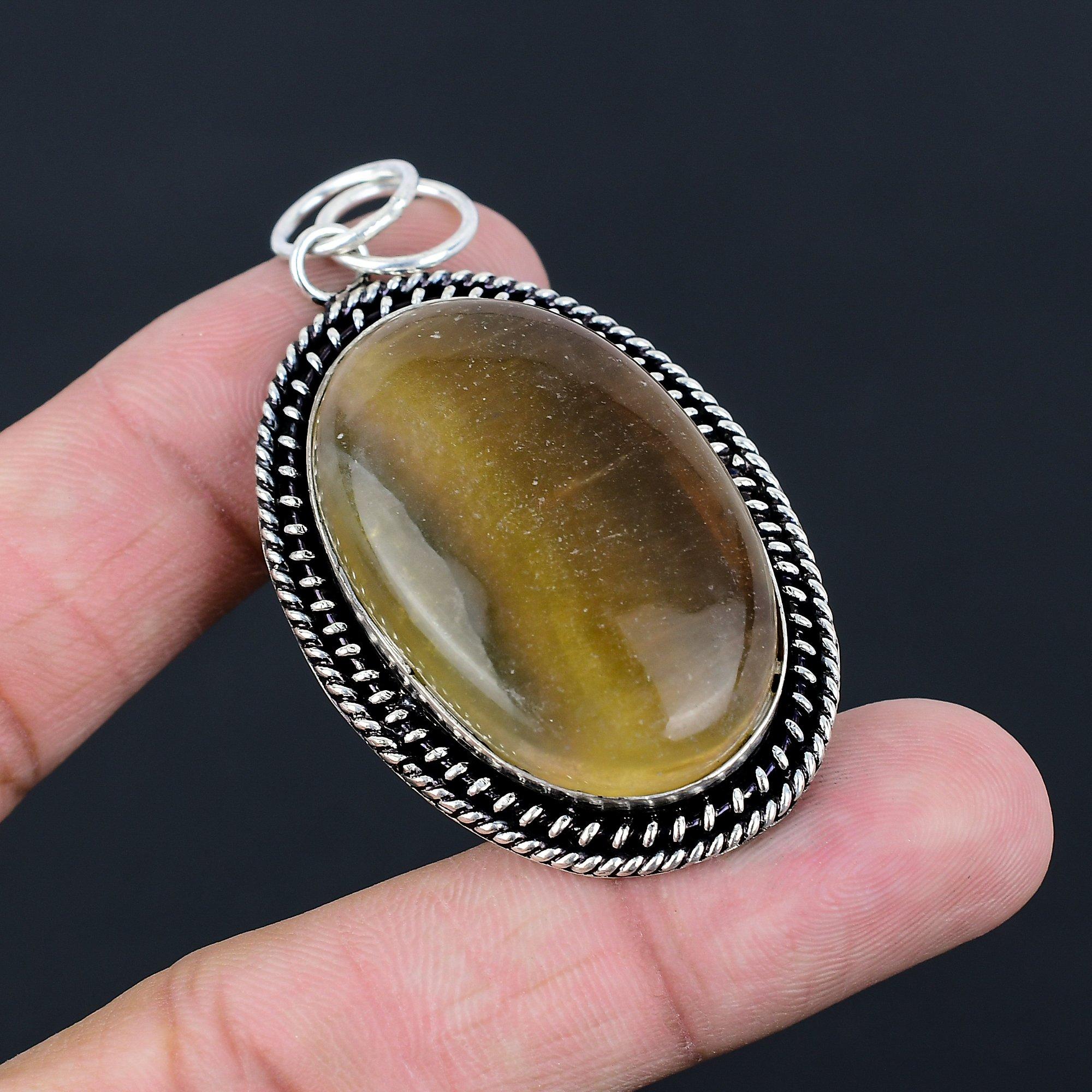 925 Silver Oval Multi Fluorite Gemstone Artisan Bezel Birthday Pendant Jewelry
