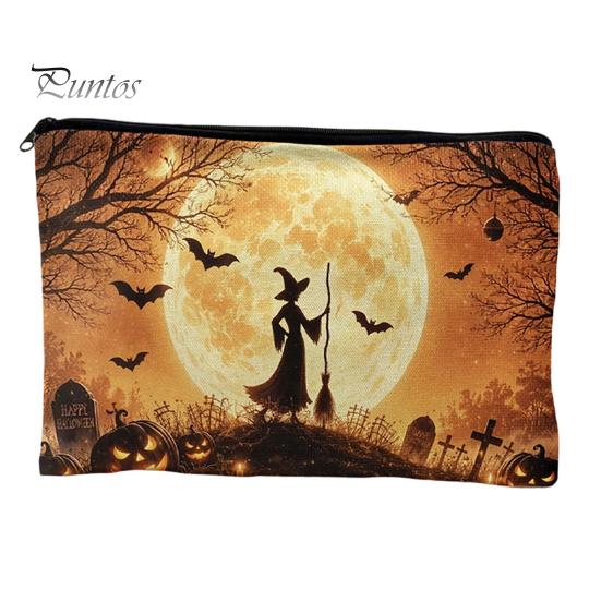 Witch Pumpkin Pattern Bag Storage Bag, with Smooth Zipper, Thickened Polyester Large Capacity Zipper Cosmetic Halloween Printed Pouch